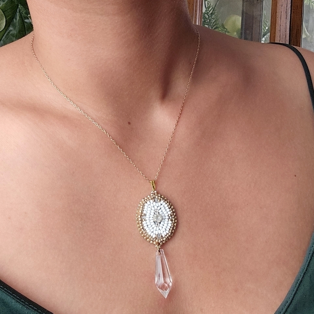 White + Crystal Beaded Indigenous Necklace | Handmade Jewelry